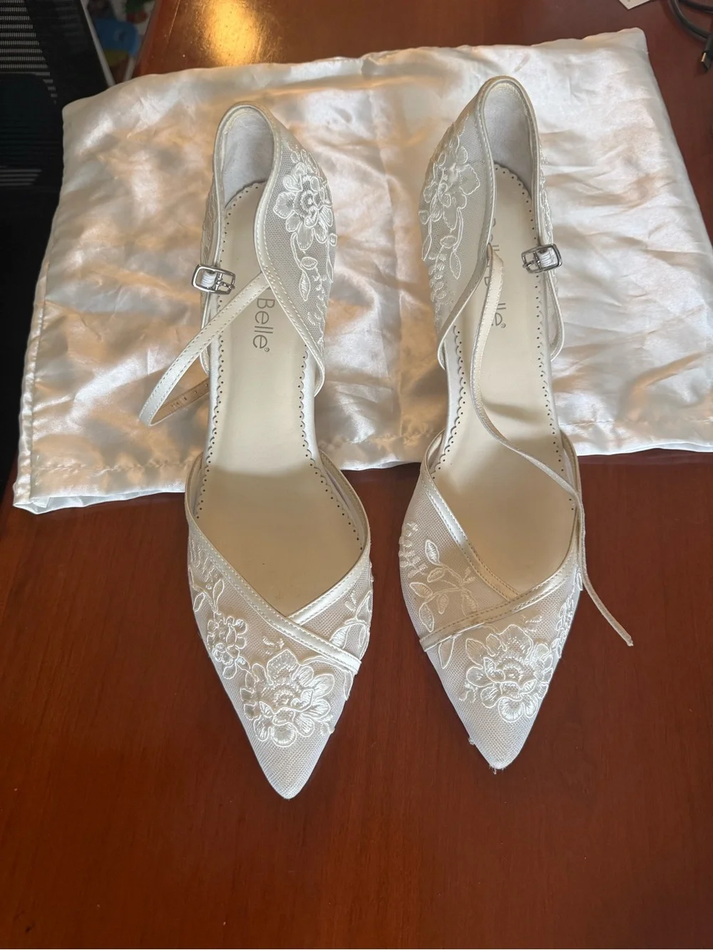 Bella Belle Ivory “wedding” Floral Lace Pointed Heels with satin Ankle Strap